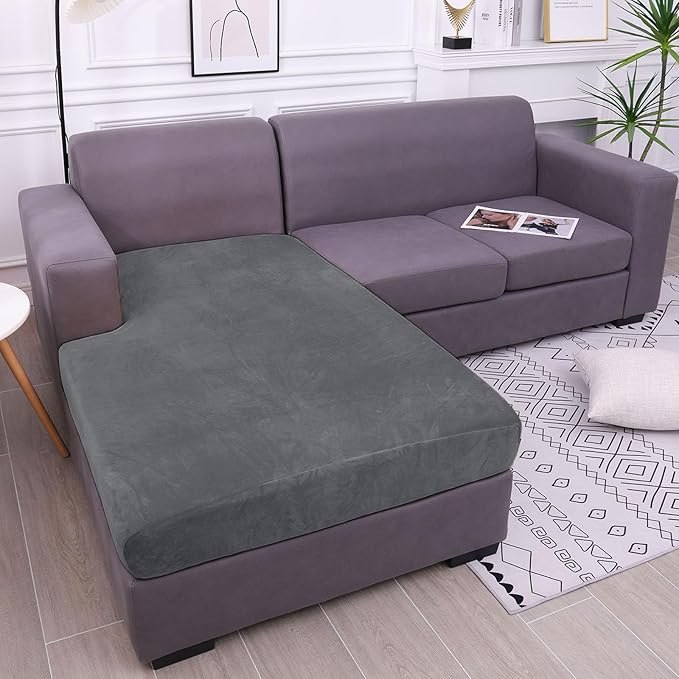 hyha Velvet Couch Cushion Covers, Stretch Chaise Lounge Sectional Couch Seat Covers L Shape for Sectional Sofa, Soft Sofa Cushion Slipcover Washable with Elastic Bottom(Chaise, Grey)