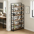 JSB Folding Bookshelf,Industrial Storage Shelves, No Assembly Vintage Wood Look Bookshelf with Storage Shelves for Living Room, Bedroom, Office (Fire Brown, Wide 6-Tier)