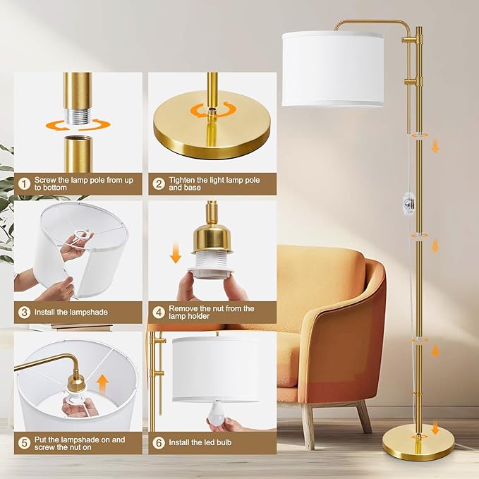 GyroVu Floor Lamp for Living Room, Adjustable Height Standing Lamps with 350° Rotate White Lampshade, 67.5-Inch Modern Tall Lamp Dimmable Floor Lamps for Corner Bedroom Home Office (Bulb Included)