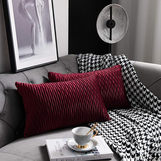Burgundy Throw Pillow Covers: 2 Pack 12x20 Inch Original Striped Velvet Rectangular Decorative Pillow Cases for Farmhouse Couch