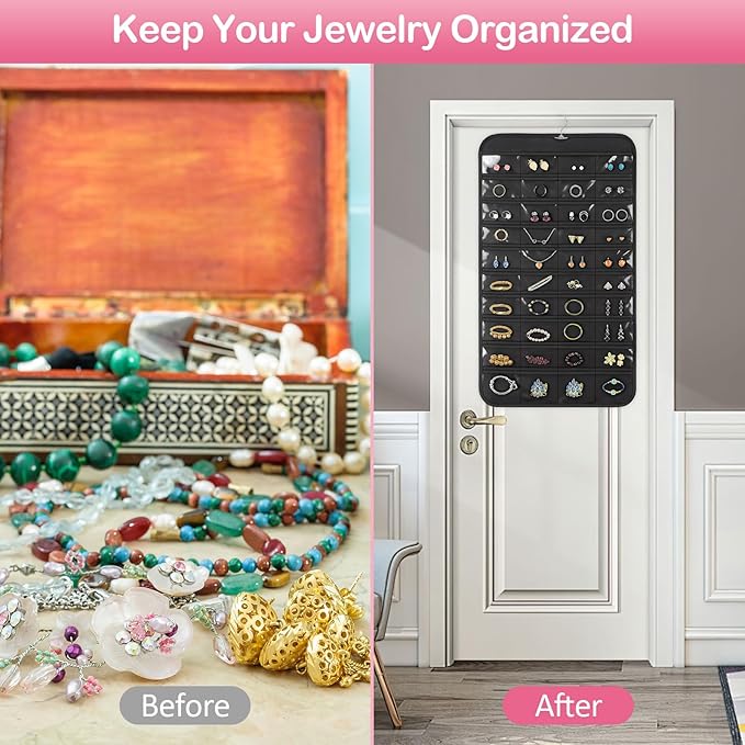 Hanging Jewelry Organizer for Closet with Swiveling Hanger, 17 x 30 In, 80 Clear Pockets Jewelry Organizer Hanging for Jewelries, Earrings, Accessories (Beige) (2, Black)