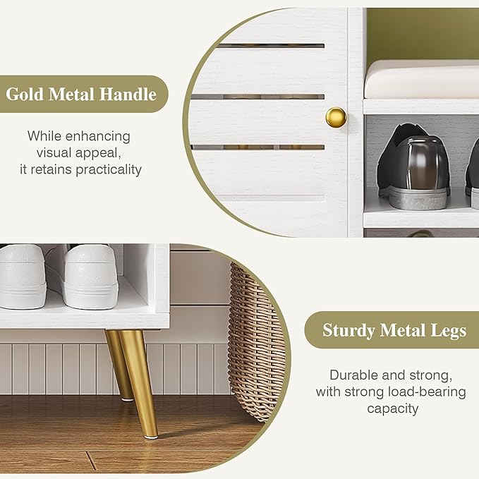 VECELO Shoe Storage Bench with Door&Shelf, Entryway Bench with Seat Cushion, for Hallway, Bedroom, Living Room, L-Shaped, White