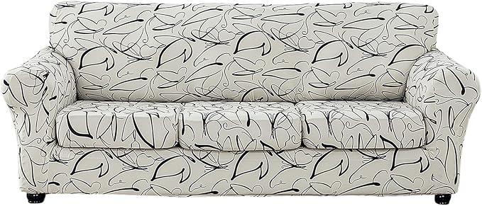 KRFOONN 4 Piece Printed Sofa Couch Cover for 3 Cushion Couches Stretch Sofa Slipcovers with 3 Separate Seat Cushion Covers Washable Furniture Protector with Elastic Bottom (Sofa, 58)