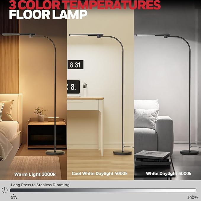 Honeywell LED Floor Lamp, F4 Sunturalux™ Gooseneck Reading Floor Lamp, Super Bright Stepless Dimmable Task Light with Flexible Arm, Eye-Caring Tall Standing Lamp for Living,Bedroom Office