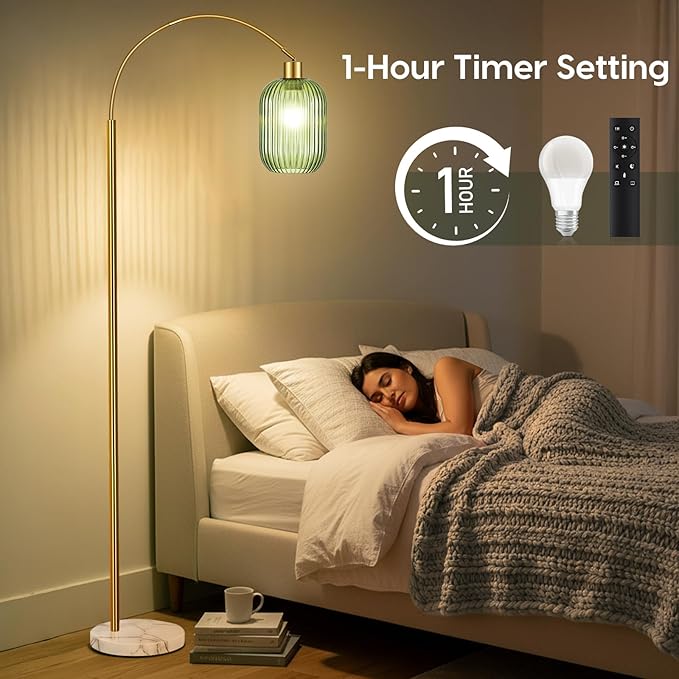 COTTHOS Floor Lamp for Living Room, Modern Gold Lamp with Ribbed Glass Lampshade Marble Base, 68” Glass Tall Lamp with Remote Control and Pedal Switch for Bedroom (6000K LED Bulb Included)