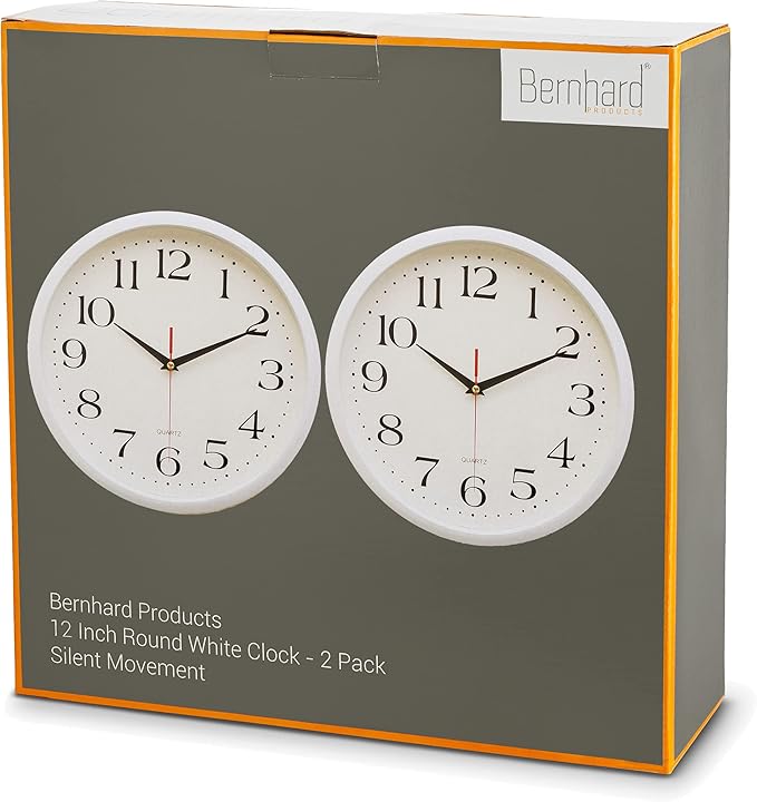 Bernhard Products White Wall Clocks, 2 Pack Silent Non Ticking - 12 Inch Quality Quartz Battery Operated Round Easy to Read Home/Office/Classroom/Business/Kitchen/School Clock