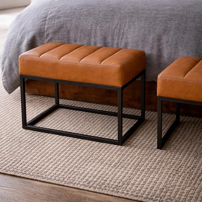 HomePop Theodore Channel Tufted Small Ottoman - Carmel Faux Leather