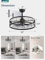 LEDIARY 22 inch Black Caged Ceiling Fan with Light, Bladeless Industrial Ceiling Fan with Remote, Farmhouse Fan Lights Ceiling Fixtures for Kitchen, Bedroom, Outdoor（6 Speed, Timing）-Black