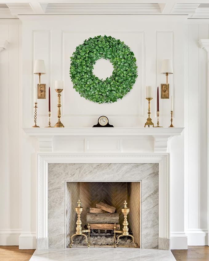 Vlorart 20 Inch Boxwood Wreath, Faux Green Wreath for Front Door Farmhouse Porch Wall Decor, Indoor/Outdoor All Season Rustic Farmhouse Greenery for Fall Winter Spring