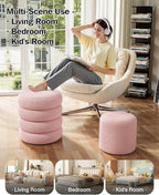 Round Set of 2 Sherpa Storage Ottoman Stool Boucle Vanity Stool Footstool with Removeable lid Load up to 440 lbs for Livingroom Bedroom Pink UASND68P