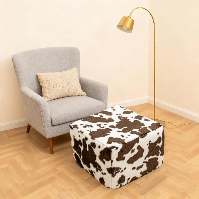 20x20x14 Inches Fluffy Square Pouf Ottoman - Plush Furry Ottoman Foot Rest Stool with High-Density Foam, Versatile Floor Seating for Living Room (Coffee Cow Print)