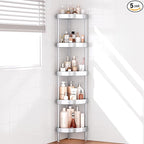 Nieifi Corner Shower Caddy Stand-5 Tier Rustproof Anodized Aluminum Standing Shower Organizer-Shower Caddy Corner-Dual Stability to Anti-Shaking-Height-Adjustable Legs for Uneven Surfaces-Silver