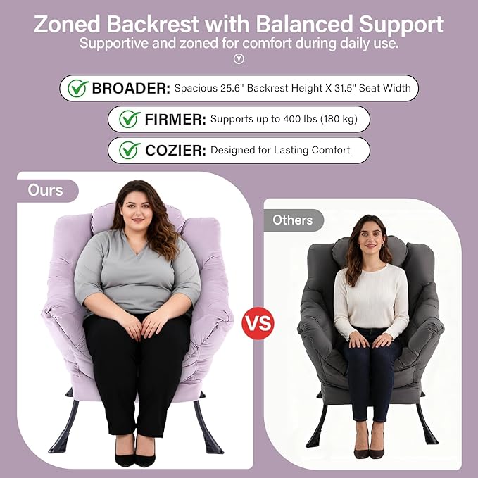 Lazy Chair with Ottoman, Modern Accent Chair with Lumbar Pillow, Velvet Light Purple Sofa, Lounge Chairs with Folding Footrest, Oversized Supportive Chairs for Bedroom, Reading