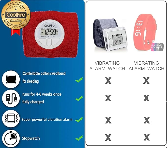Coolfire Vibrating Alarm Clock - Silent Alarm Wristband Vibrating Alarm Watch. Silent Wrist Shock Alarm Clock. Vibration Alarm Bracelet Deep Sleeper & Vibrate Alarm (Black) (RED)