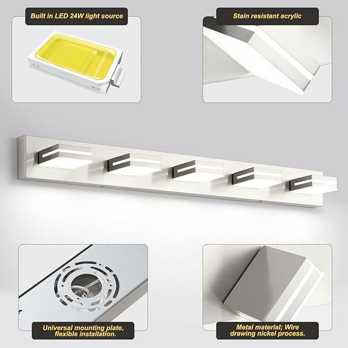 OKELI 5 Lights Bathroom Vanity Light Fixtures Brushed Nickel LED Dimmable Vanity Light Over Mirror Modern Wall Mounted Lighting Fixture, 350° Rotatable Lamp Head 36W Cold White 6000K ETL Listed