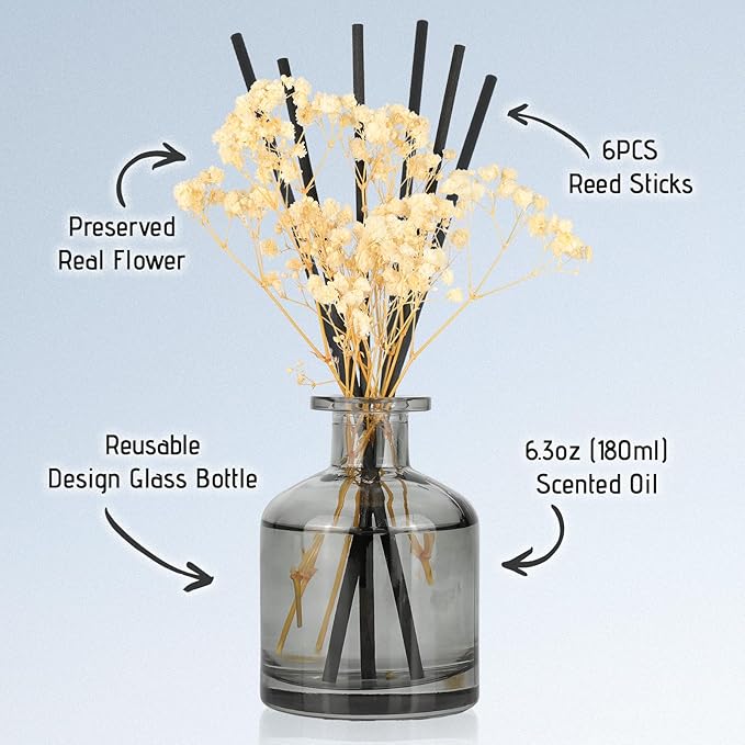Brakula Reed Diffuser Set, 6.09 fl oz (180 ml)- Bamboo with 8 Reed Sticks, Home Fragrance Reed Diffuser for Bathroom Shelf Decor