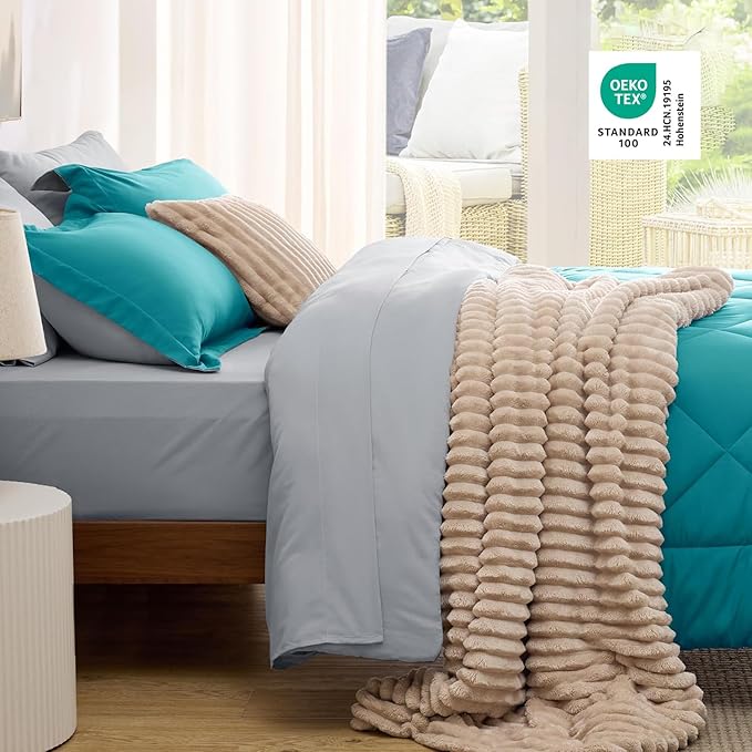 Bedsure Twin Comforter Set - 5 Pieces Reversible Teal Bedding, Twin Size Bed Set for All Seasons, Bed in a Bag with Down Alternative Comforter, Sheets, Pillowcase & Sham