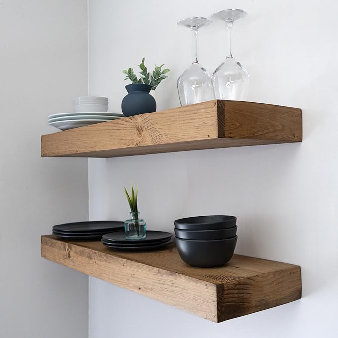 Urbandi Modern Floating Shelves 3 Inches Thick for Wall, Wide Shelves for Kitchen, Living Room, Bedroom, and Bathroom, Natural Pine Wood, Rustic Wooden Shelf, (Set of 2) (Aged Oak, 48Lx3Hx8D)