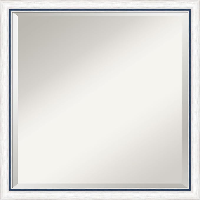 Amanti Art White Wall Mirror 22x22 Morgan White Blue Square Bathroom Mirror for Wall Decor Living Room, Medium Modern Wood Frame, Hangs Horizonally and Vertically, Bathroom Decor, Beveled Edge