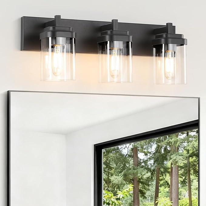 Vanity Light Fixture,3-Light Vanity Light for Bathroom,Matte Black Bathroom Vanity Lighting Over Mirror with Square Clear Glass Shade for Restroom
