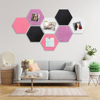 8 Packs Hexagon Felt Pin Board, 12" Bulletin Board with 30 Push Pins, Felt Board for Home Kitchen Office Decor, Self-Adhesive Corkboard Tiles for Walls School Message Photos Memos-Black White Pink