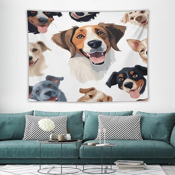 VUMIVI Cartoon Dog Tapestry Black & White Pet Dog Heads Cute Illustration Modern Creative Design Tapestry Wall Hanging for Living Room Bedroom Dorm Classroom Aesthetic Decor W80xL60in