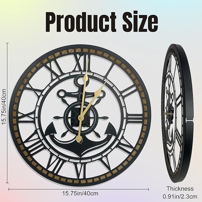 16 Inch Wall Clock, Anchor Wall Clock, Silent Non Ticking, Battery Operated Large Decor Clocks for Living Room Decor, Kitchen, Office (Nautical Style)