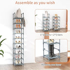 Narrow Shoe Rack 10-Tier Tall Shoe Organizer Skinny Shoe Shelf Storage for 10-15 Pairs Shoe and Boot, Space Saving Corner Shoe Rack Organizer for Closet, Entryway, Living Room, Grey