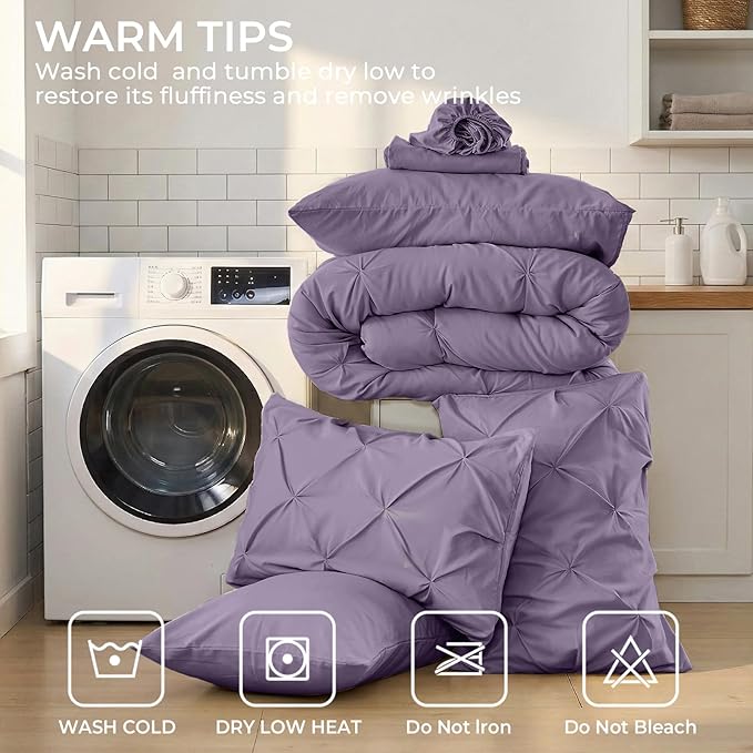 Sasttie Queen Comforter Set, 7-Piece Bed in a Bag, Pintuck Bedding Sets for All Season, Includes Comforter, Flat Sheet, Fitted Sheet, Pillowcases and Pillowshams, New Purple