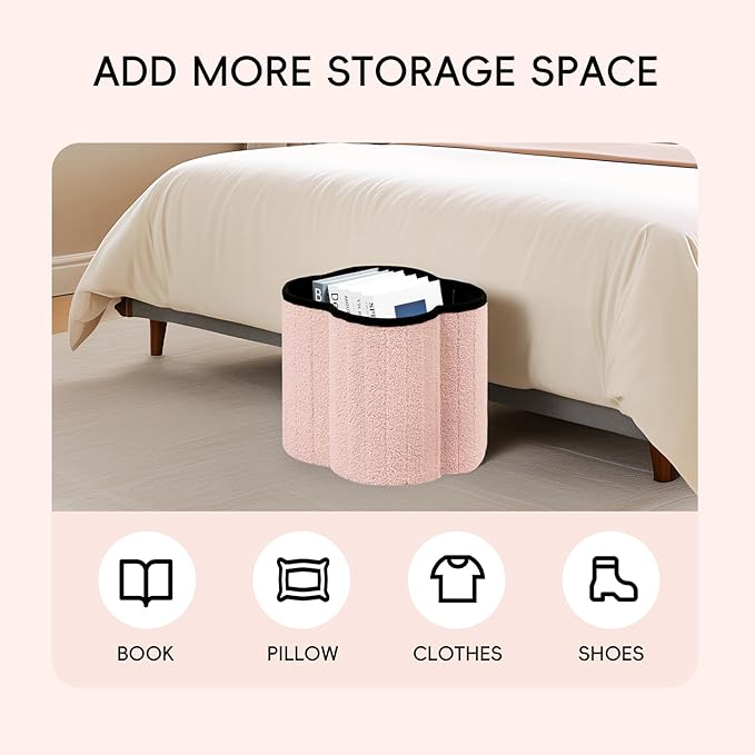 PINPLUS Floral Storage Ottoman Cube Boucle Footrest Stool with Lid, Multi-Functional Cube Seat for Living Room, Dorm & Bedroom – Pink 12.6"x12.6"x12.6"