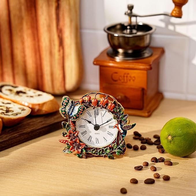 Mini Tabletop Clock, Decorative Vintage Floral Metal Table Clock with Battery Operated for Bedside, Table, Living Room, Home and Office