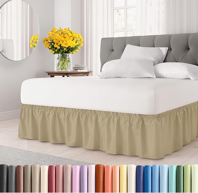 Wrap Around Dust Ruffle Bed Skirt - Beige - for Full Size Beds with 21 Inch Drop - Easy Fit Elastic Strap - Adjustable Pleated Bedskirt w/Brushed Fabric - Wrinkle Free - for Women, Men, Kids & Teens