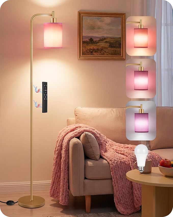 Dimmable Floor Lamp for Living Room with Remote and Foot Switch, Modern Standing, Corner Lamp,10W Bulb 3 Color Temperatures, for Bedroom, Office, Corner, ETL Listed, Gold and Pink DP19LD05