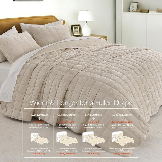KASENTEX Greek Velvet Twin Quilt Set, 3× Softer Luxe Sheen, 100% Cotton Backing, 150GSM Down-Alternative Fill, Expanded 68×90" Coverage for Fuller Side Drape (1 Quilt + 1 Pillow Shams), Sandshell