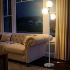 67" Mid Century Floor Lamps for Living Room, 3 Globe Floor Lamp with Frosted Glass Shades, Adjustable Height Standing Lamp with Foot Switch, Tall Lamps for Bedroom Office, G9 Bulbs Included, Silver