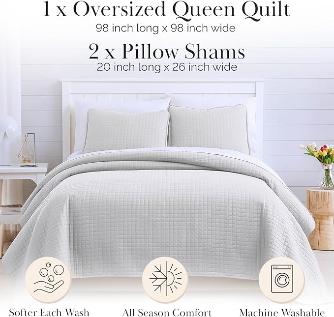 Southshore Fine Living, Inc. Queen Quilt Set, Full Size Bedspread with 2 Matching Pillow Shams, Soft Microfiber Lightweight Quilts, Queen Size Coverlet, Easy Care Machine Washable, Light Grey