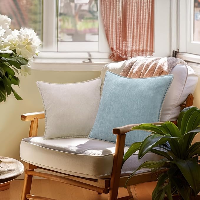 decorUhome Spring Chenille Soft Cozy Throw Pillow Covers 20x20 Set of 2, Modern Farmhouse Boho Velvet Decorative Pillow Cases with Stitched Edge for Couch Sofa Bed Home Decor, Aqua Haze