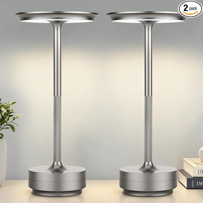 2-Pack Cordless Table Lamps Rechargeable - 5000mAh Battery Operated LED Table Light with Touch Stepless Dimming - Portable Silver Metal Outdoor Lamps for Patio, Restaurant, Dining