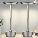 2-Pack Cordless Table Lamps Rechargeable - 5000mAh Battery Operated LED Table Light with Touch Stepless Dimming - Portable Silver Metal Outdoor Lamps for Patio, Restaurant, Dining