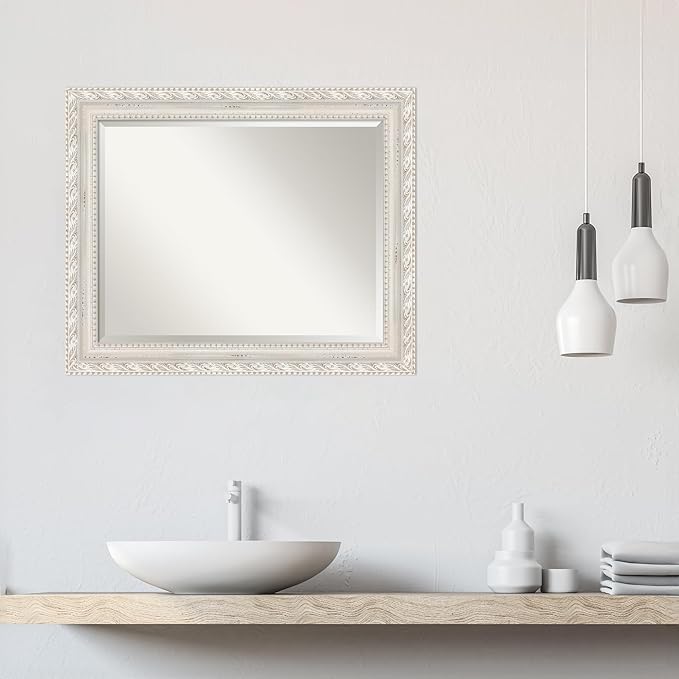 Amanti Art White Wall Mirror 28x34 Opera Off White Rectangle Bathroom Mirror for Wall Decor Living Room, Large Traditional Wood Frame, Hangs Horizonally and Vertically, Bathroom Decor, Beveled Edge