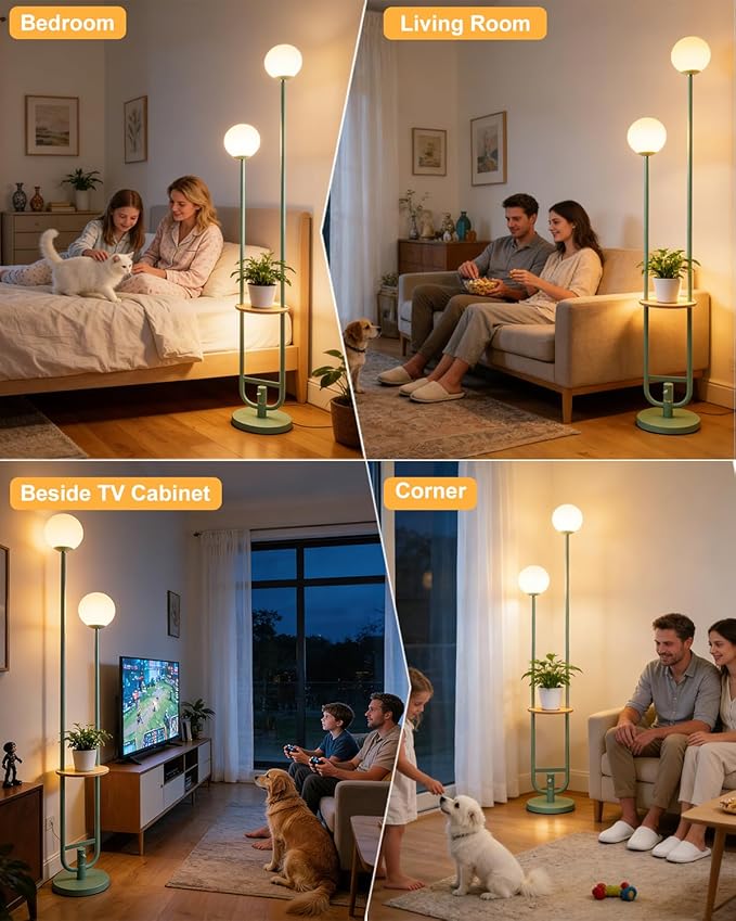 Lightdot 63IN Green Floor Lamp with U Pole, 2 Globe Mid Century Standing Lamps with Bulbs Included, Unique Vintage Dimmable Tall Floor Lamp for Living Room/Wedding/Party/Sofa Beside/Corner Decor