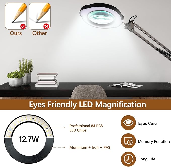12X Magnifying Glass with Light and Clamp, Magnifier with Light Hands Free,84 LEDs Real Glass Lens Magnifying Lamp for Close Work, Repair, Reading, Craft (Black 2)