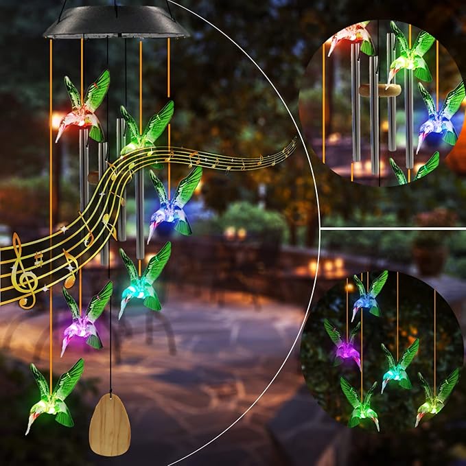 Birthday Gifts for Women Mom Grandma, Hummingbird Wind Chimes with 4 Aluminum Tube Solar Wind Chimes for Outside Solar Lights Outdoor Garden Patio Yard Decor
