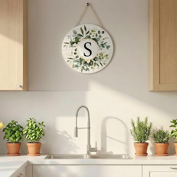 Smile Monogram Letter S Wreaths Wooden Welcome Sign, Family Last Name Initial Front Door Wall Decoration, Floral Spring Summer Porch Rustic Home Kitchen Decor