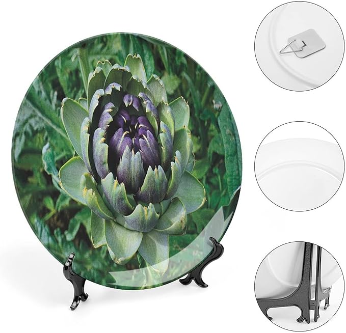 Decorative Plates, Artichoke Print Ornament, Blooming Vegetable Agriculture Nature Artwork Print, 7 Inch, 1 Plate with 1 Display Stand, Fern Green and Purple