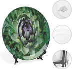 Ceramic Display Plate, Artichoke Ceramic Hanging Decorative Plate, Blooming Vegetable Agriculture Nature Artwork Print, 6 Inch, Household Custom Ceramic Plate, Fern Green and Purple