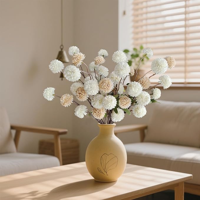 10 Pcs Fake Flowers, Artificial Mums With Long Stems, Faux Pompon Mums Floral Arrangement, 2 Mixed Colors Plastic Flowers Silk Dried Flowers Home Decor, Fall Decorations For Home Vase(No Vase)