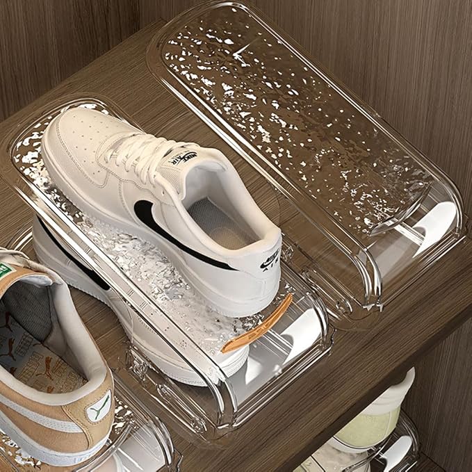 Clear Closet Shoe Slots Organizer 3-Level Adjustable Shoe Stackers For A Pair Of Shoes Double Layer Storage Space Saving Shoe Holder (Clear Grey, 4 Pack)
