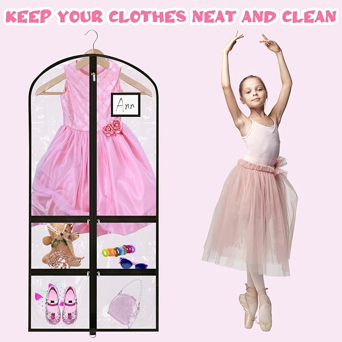 14 Pcs Garment Bags for Dance Costumes Clear PVC with Zippers 24 x 50 Inch Suits Bag with Pockets Dance Costume Organizer Carrier for Storage Cover for Adult (Fully Transparent Black,Classic)