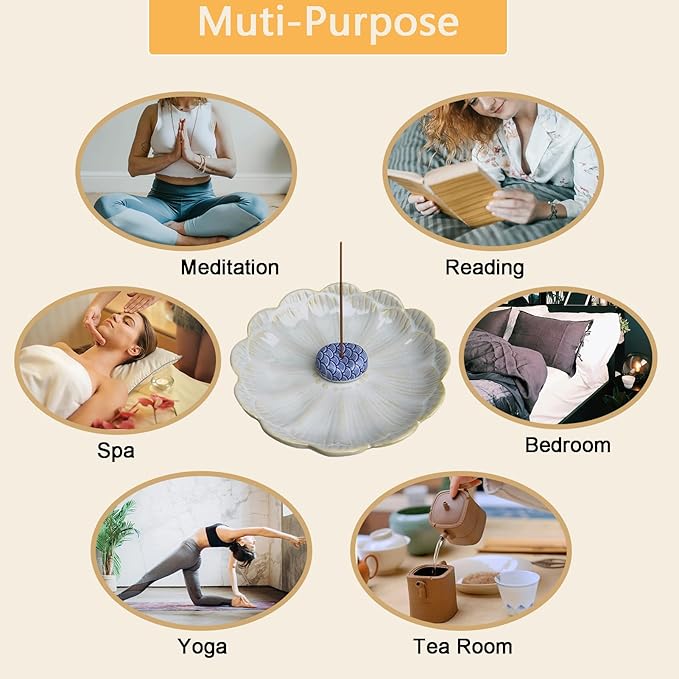 Ceramic Incense Holder Bowl with Brass Burner for Incense Sticks, 5.51 Inch Handmade Incense Burner Ash Catcher for Coil, Sage Cones, Palo Santo, Smudge Bowl for Yoga Meditation Room Décor (White)